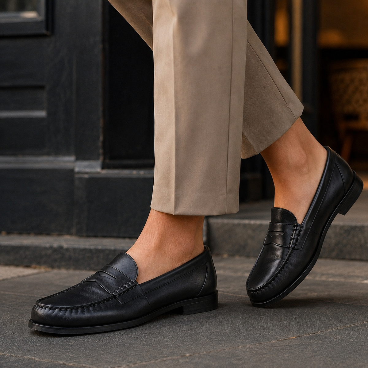Leather Penny Loafers With Low Stacked Heels