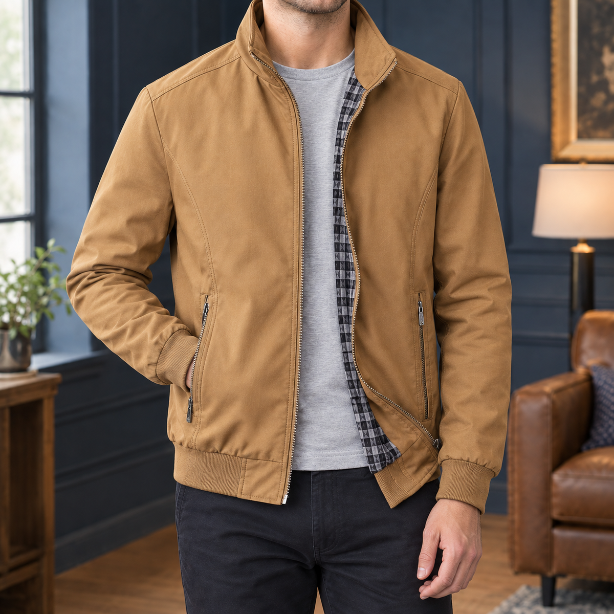 Men's woven jacket shown with long sleeves and a clean silhouette