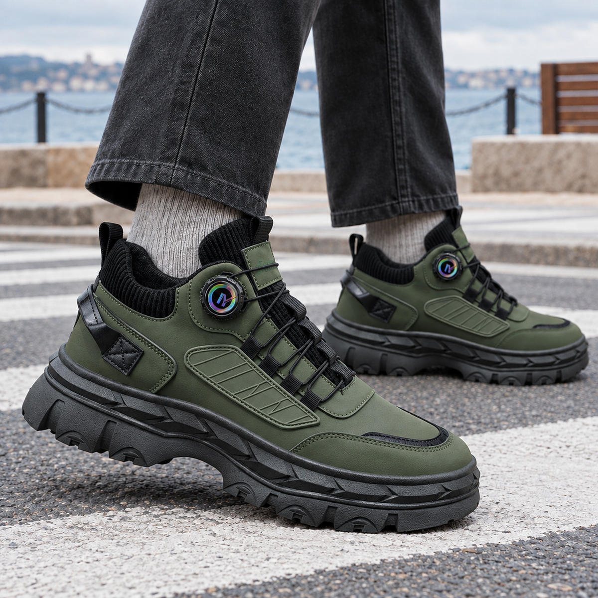 Pair of chunky leather look sneakers styled for everyday wear