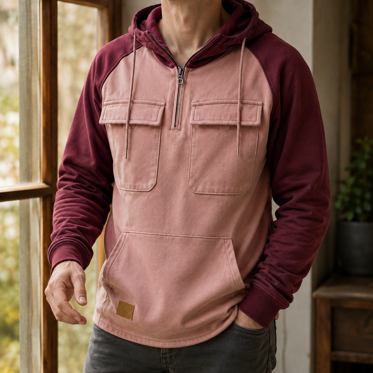 Side view of the gray utility hoodie silhouette