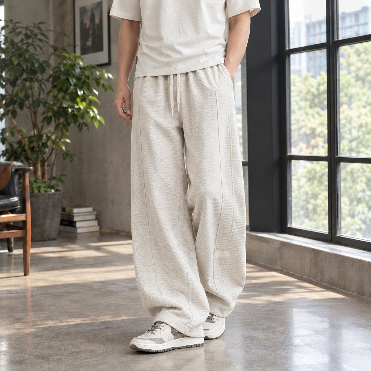 Textured cotton blend wide leg pants styled for everyday wear