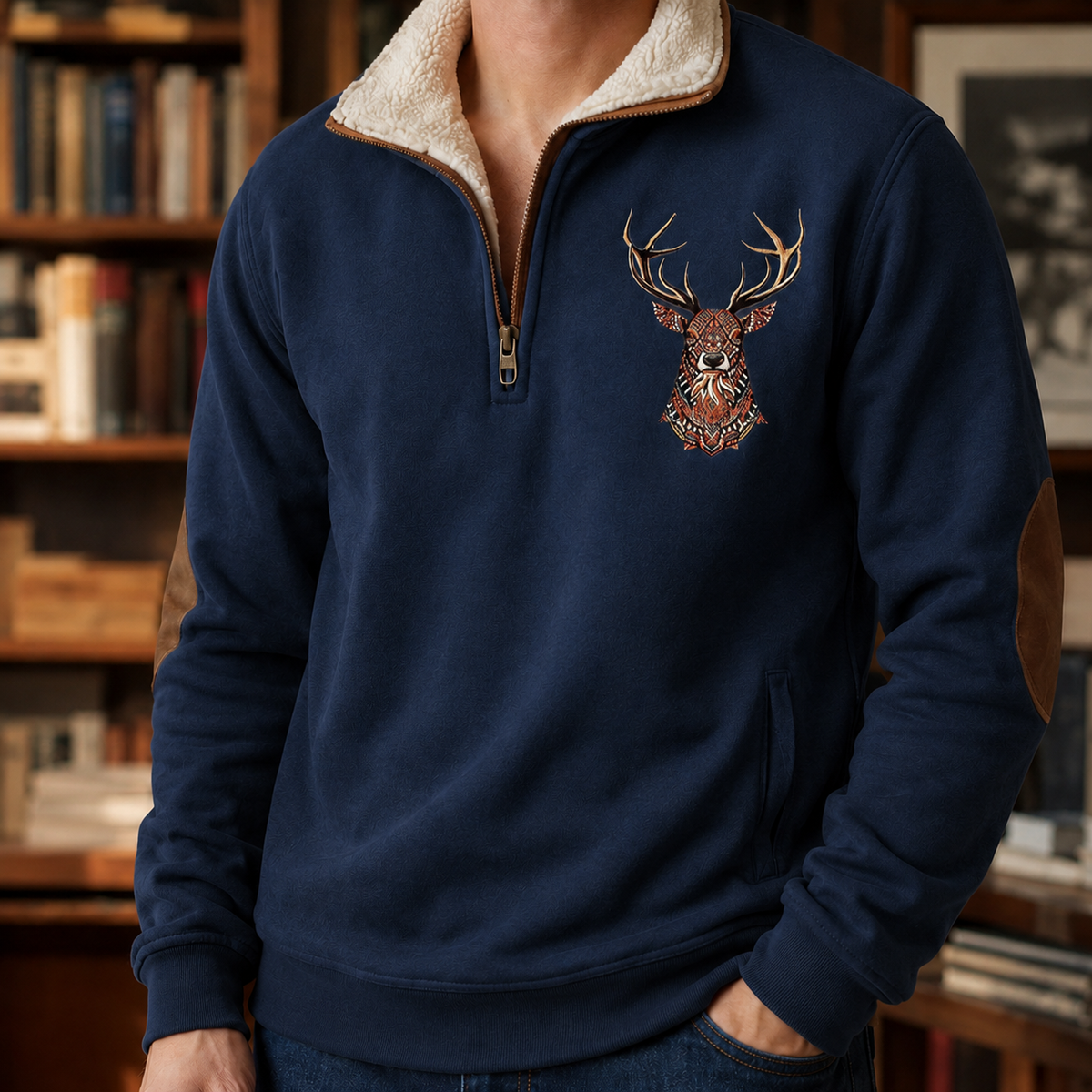 Detail view of the deer motif on the quarter zip knit sweater