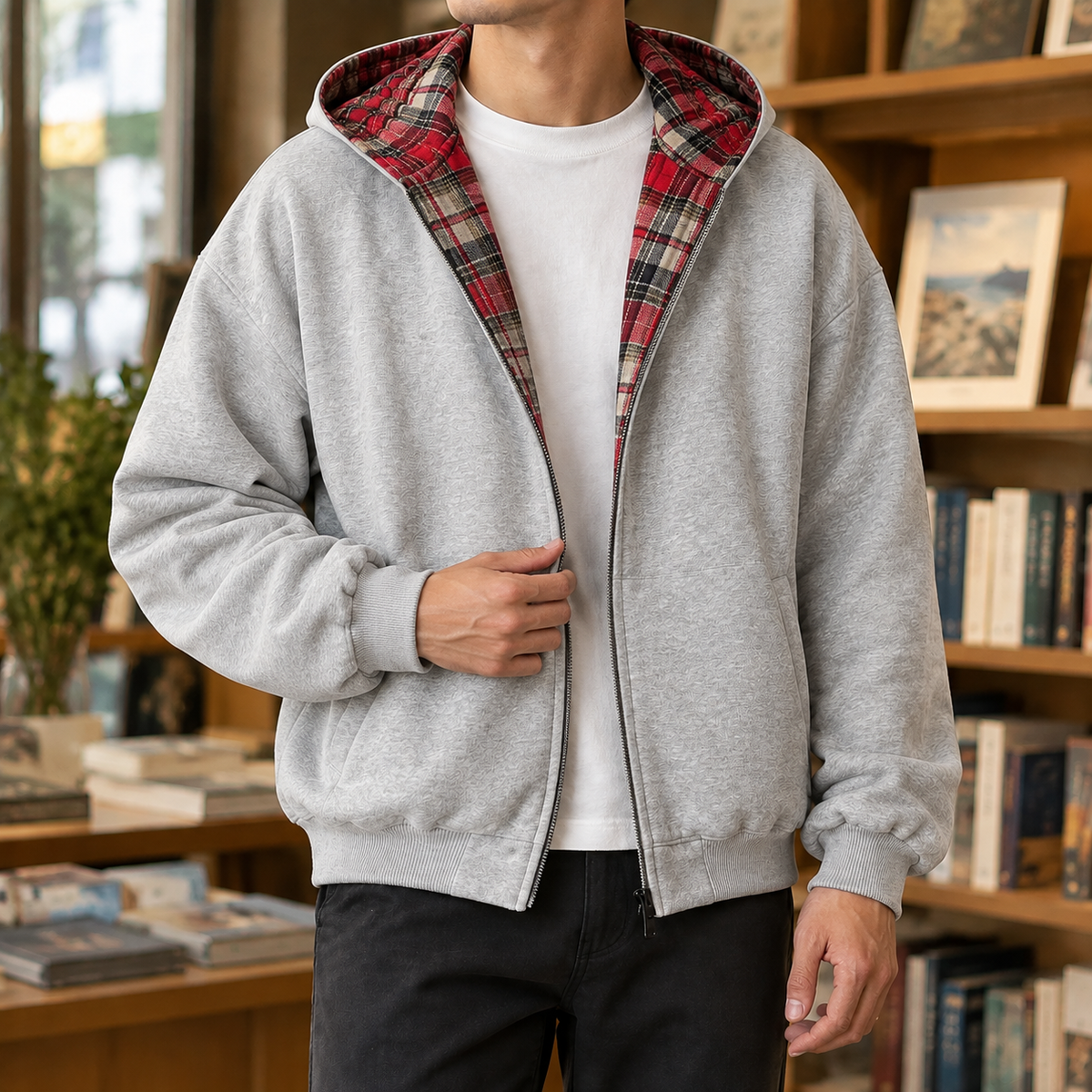 Reversible plaid jacket shown from the back