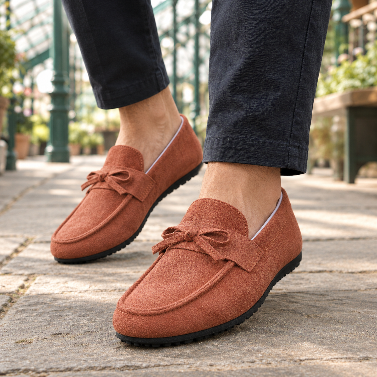 Suede Slip On Loafers With Bow Detail