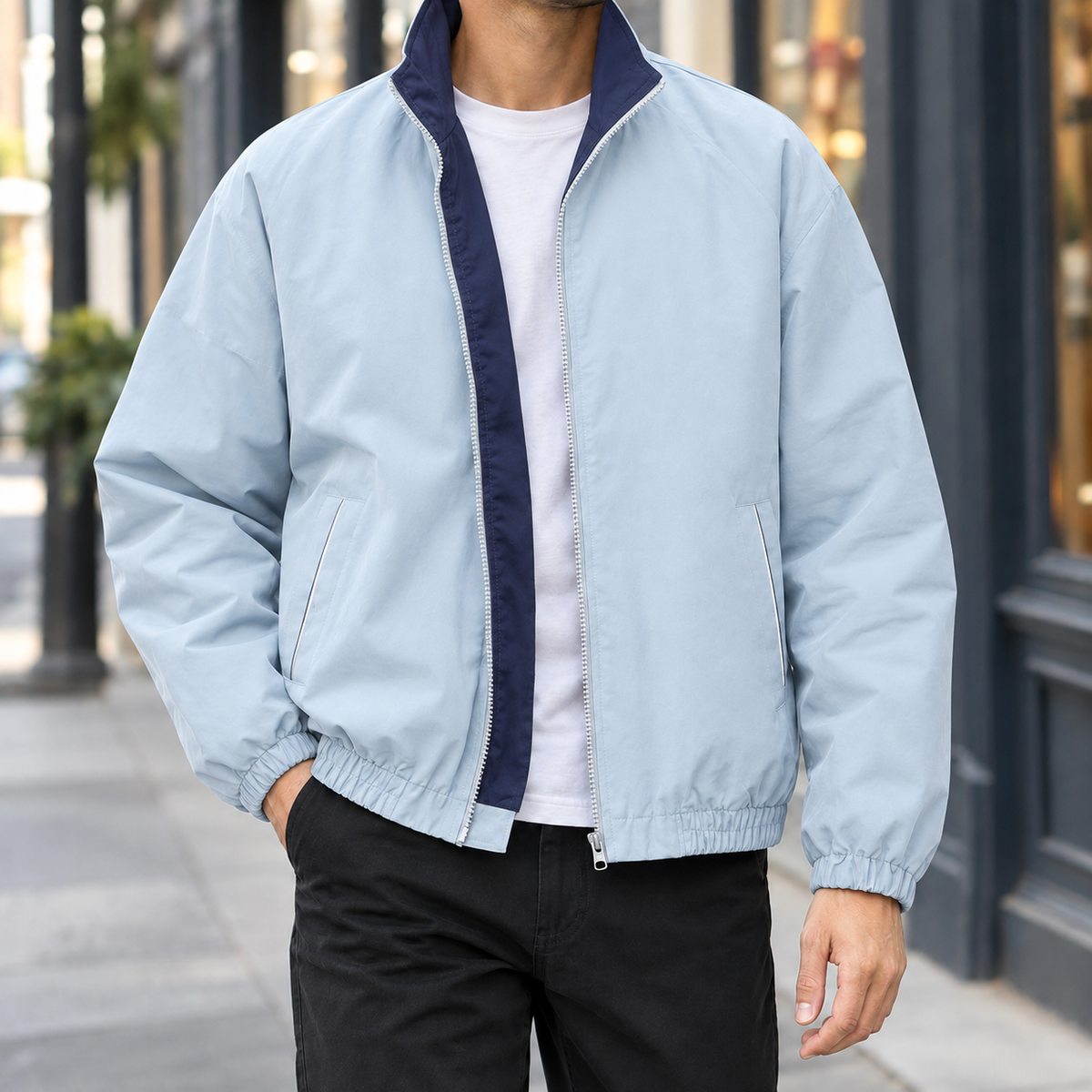 Relaxed contrast collar jacket styled as a versatile layering piece