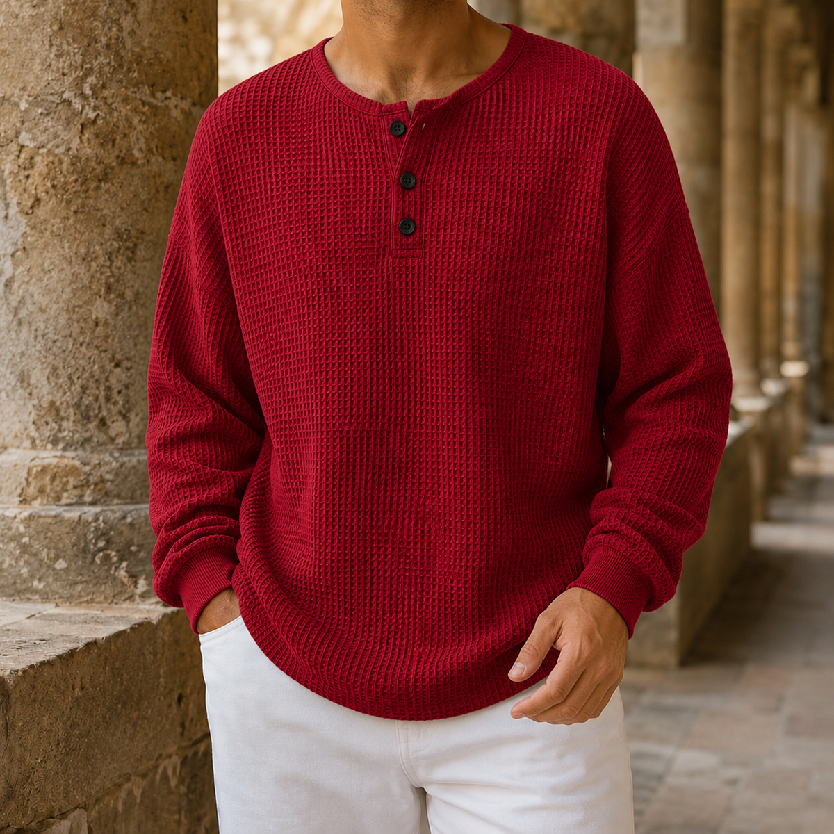 Back view of the casual waffle knit sweater