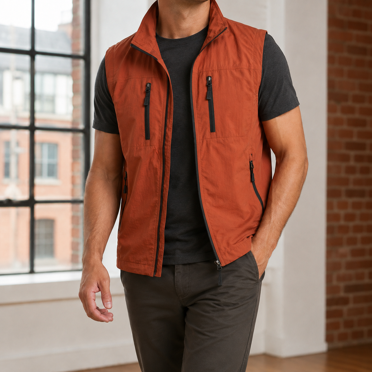 Back view of the woven utility vest with a clean, functional design