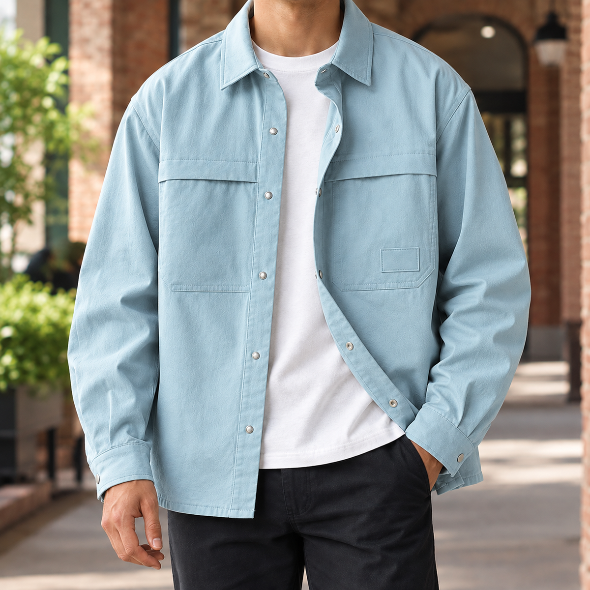 Side view of a men's woven-blend utility overshirt