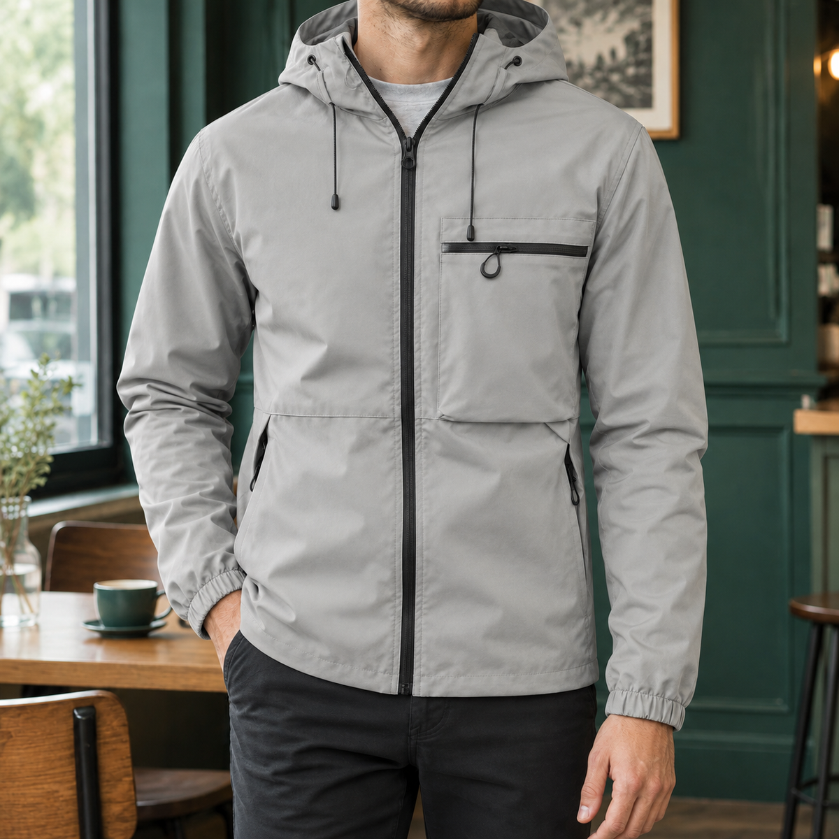 Back view of the hooded woven blend jacket