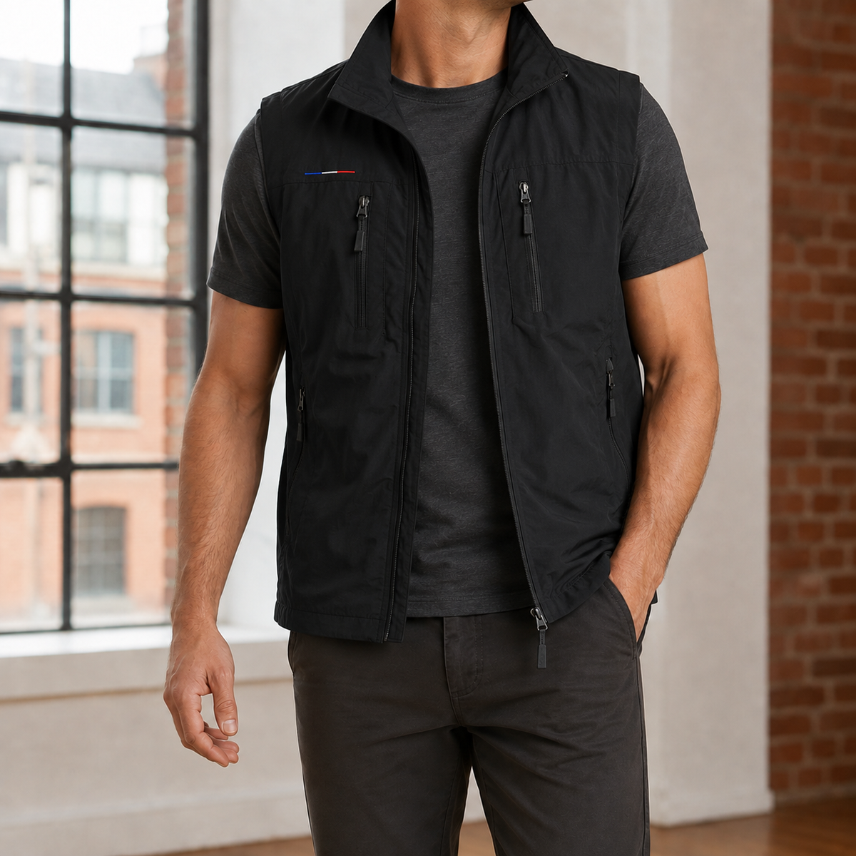 Close-up of the utility vest's woven fabric and pocket details
