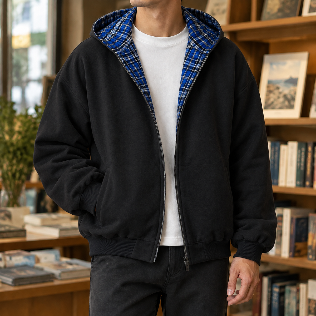 Reversible plaid hooded jacket styled for casual everyday wear