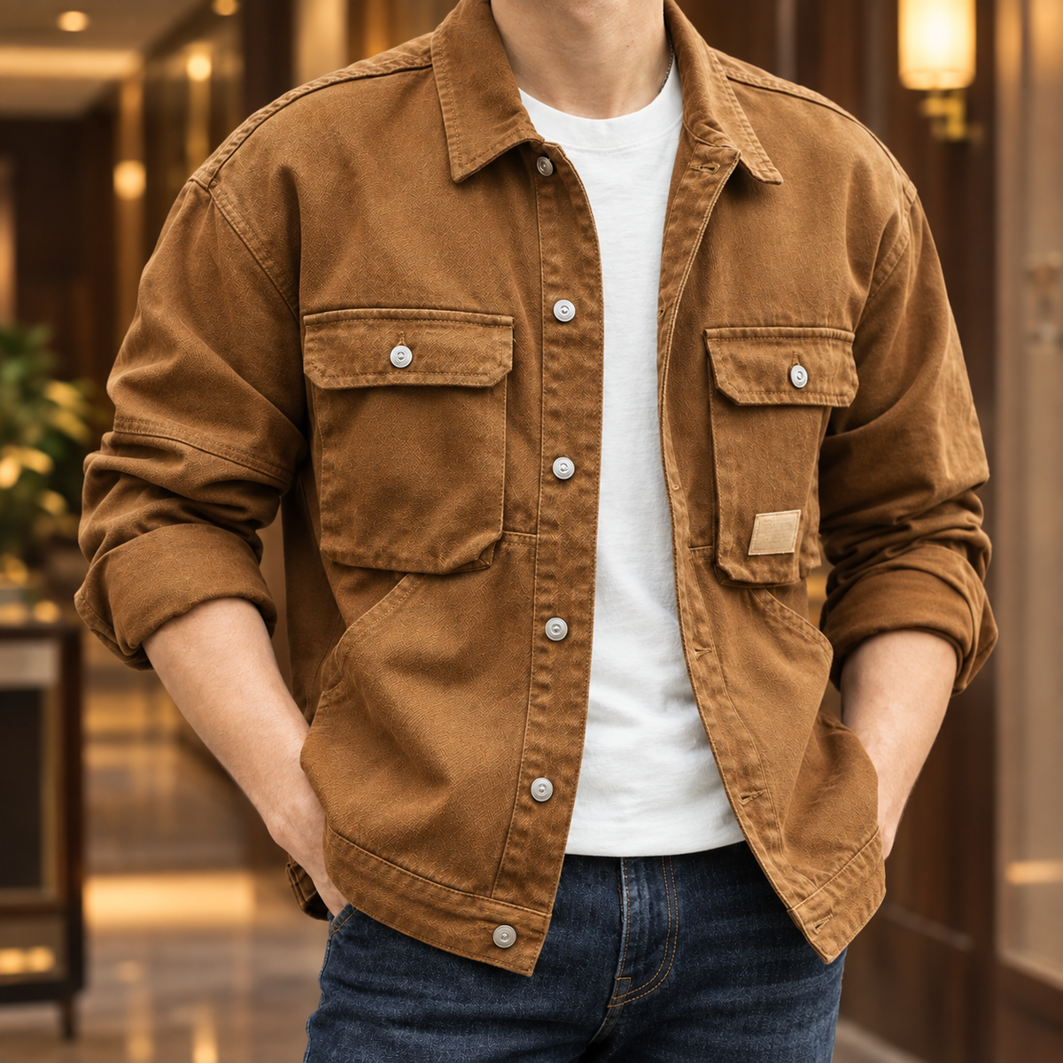 Back view of a relaxed-fit utility denim jacket with a clean, simple design