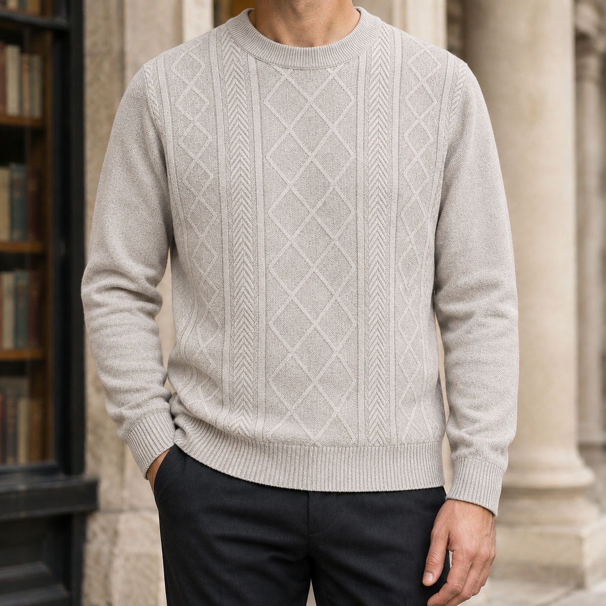 Back view of the textured knit sweater