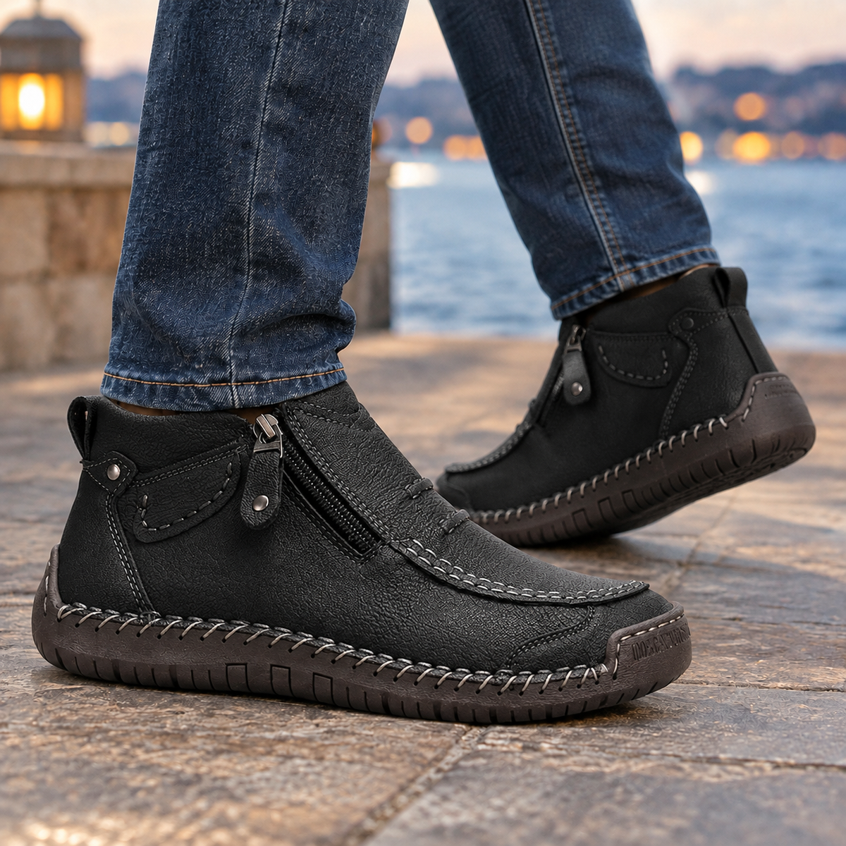 Textured Leather Look Ankle Boots With Side Zips