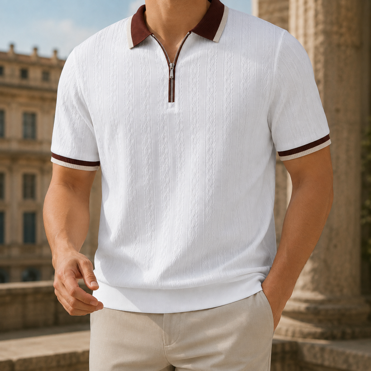 Back view of the textured half-zip polo shirt