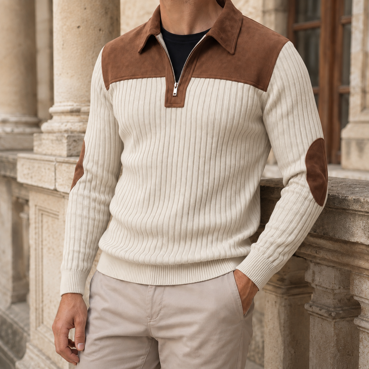 Quarter-zip ribbed knit sweater styled as an everyday layering piece