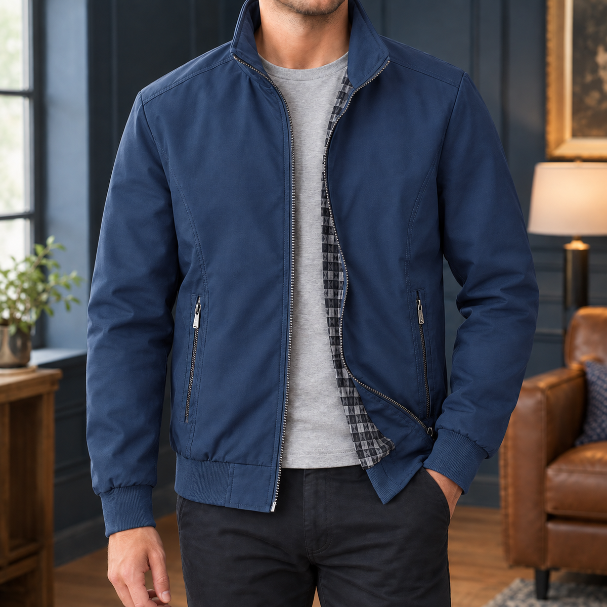 Back view of the men's stand collar woven jacket