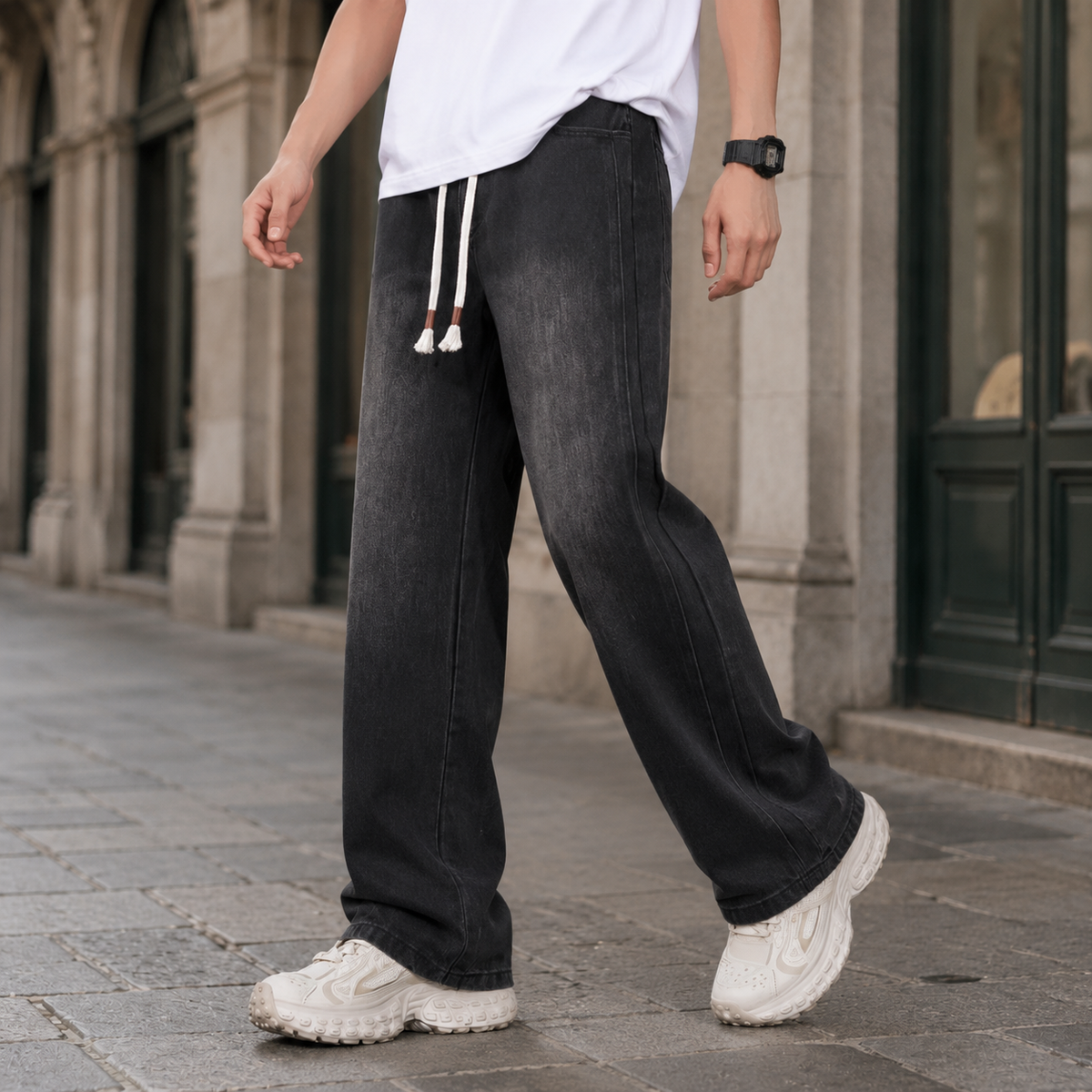 Relaxed wide leg jeans styled for a casual everyday outfit