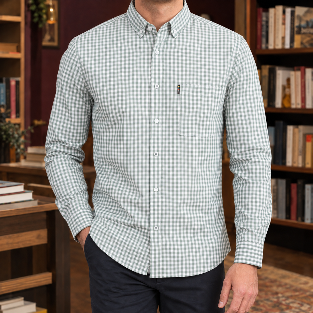 Gingham shirt styled with casual trousers for a polished look