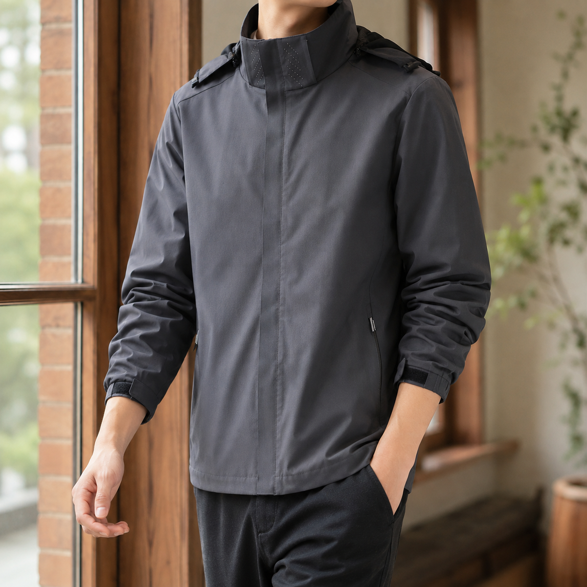 Hooded woven jacket shown with the front closure open