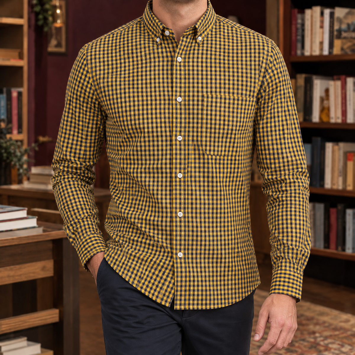Slim button-down shirt shown on a model in a relaxed pose