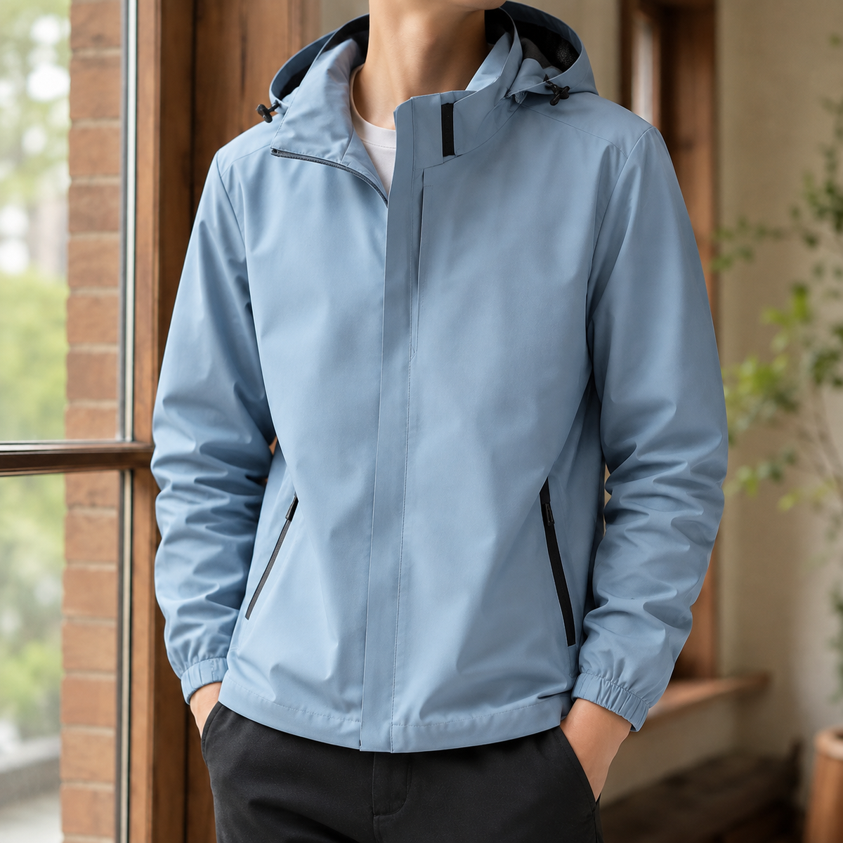 Full view of the hooded jacket styled as a versatile casual layer
