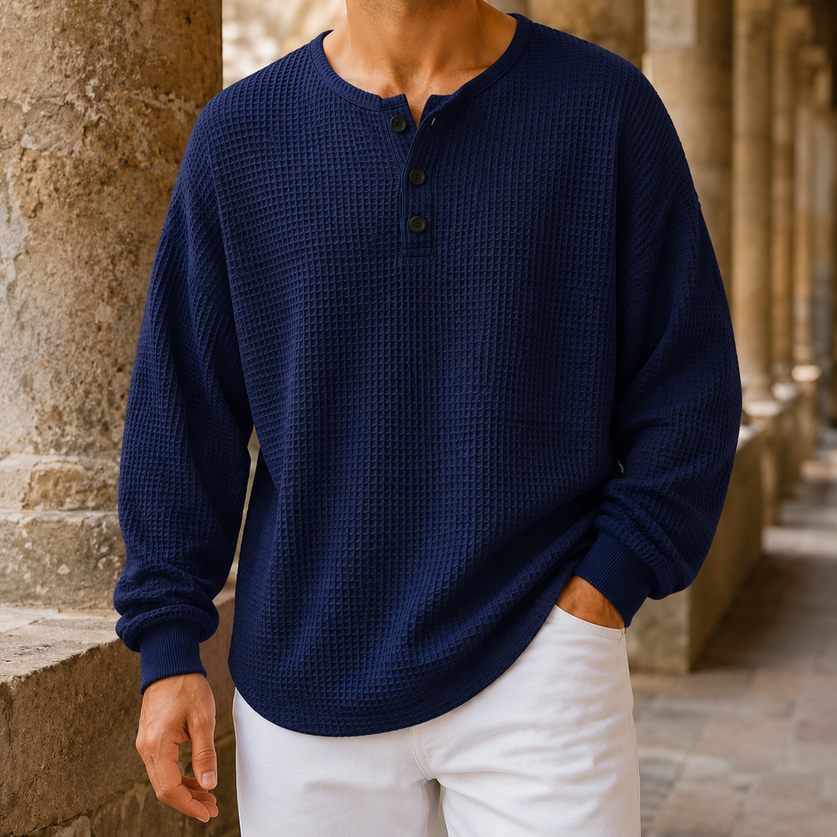 Men's waffle knit Henley sweater styled as an everyday casual layer