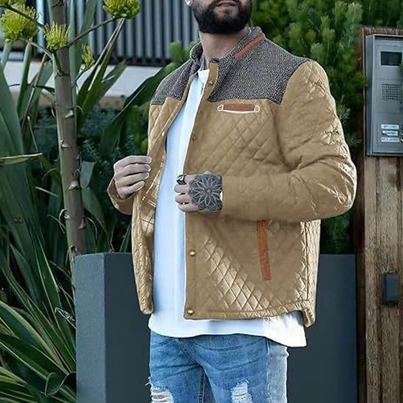 Men's quilted stand collar jacket displayed in a full front view