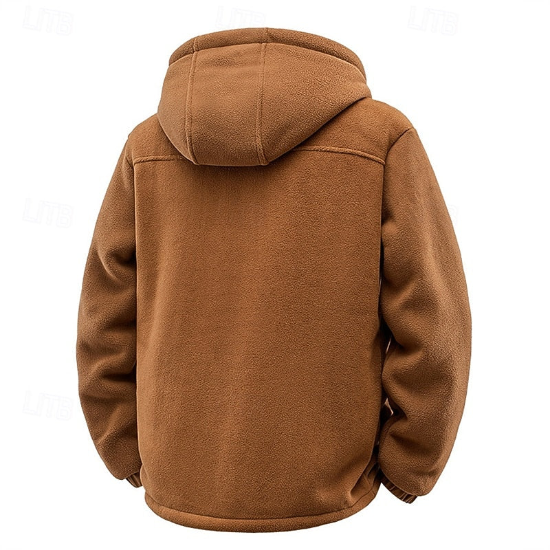 Men's hooded zip jacket highlighting its soft plush lining