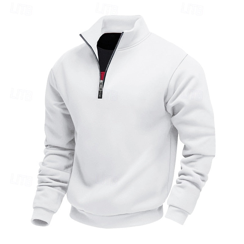 Close-up of the quarter-zip neckline on a men's relaxed fit sweater