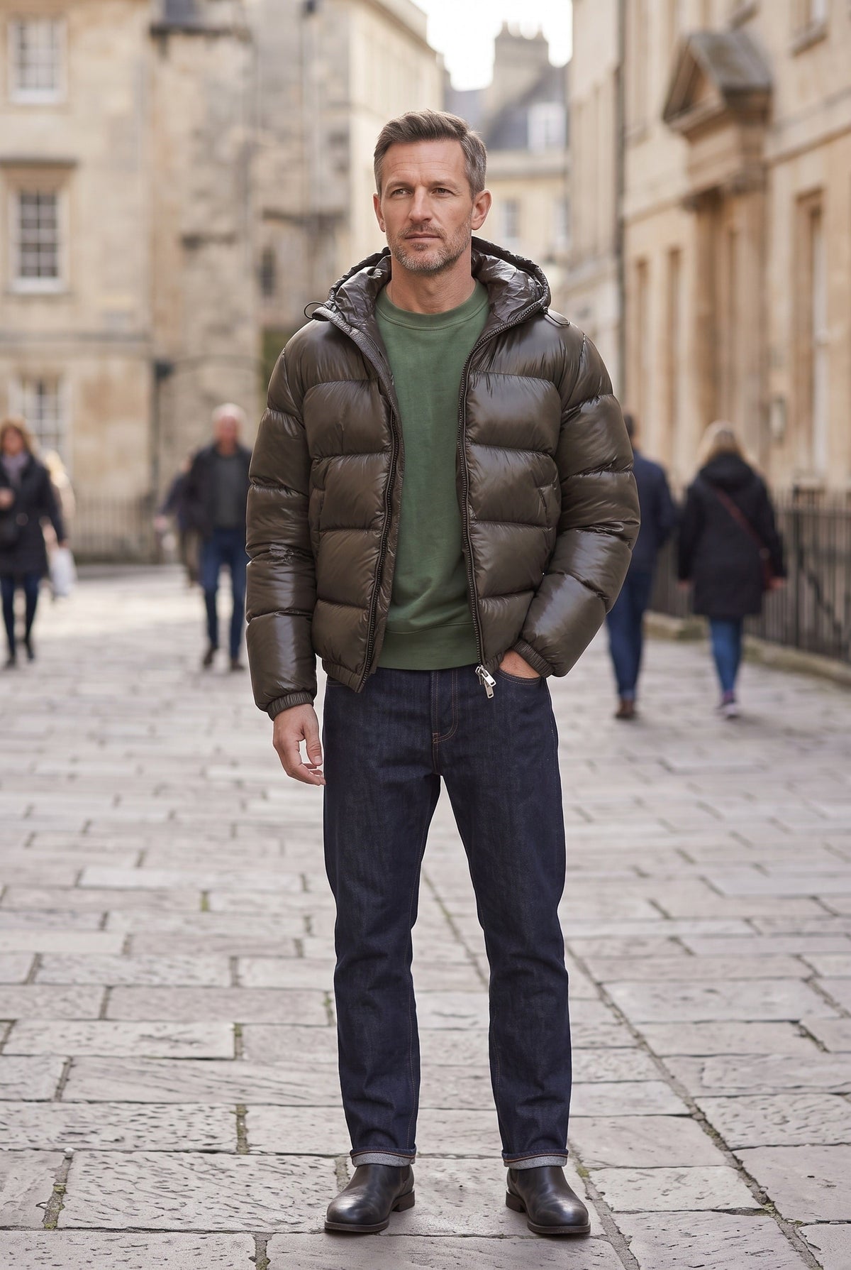 Back view of a men's hooded quilted winter jacket