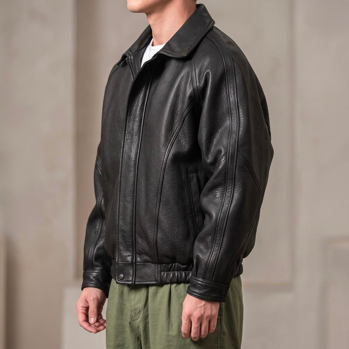 Close-up of the collared leather jacket with its front zipper