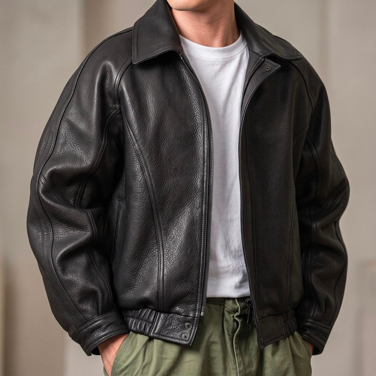 Men's Leather Jacket With Collar And Front Zipper