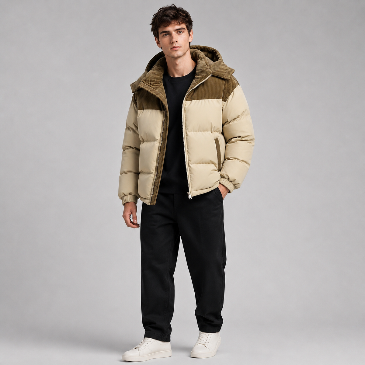 Front detail of the jacket's hood and quilted panels
