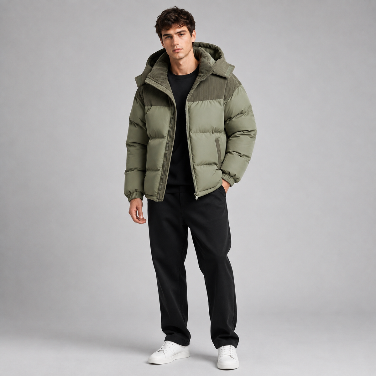 Men's quilted jacket shown with its relaxed oversized fit