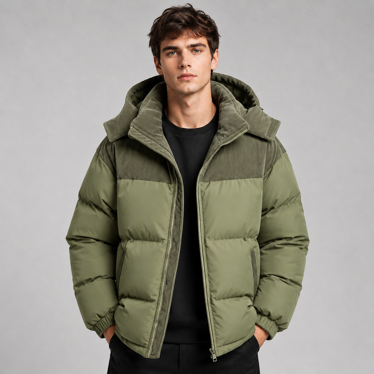 Side view of a men's oversized hooded quilted jacket