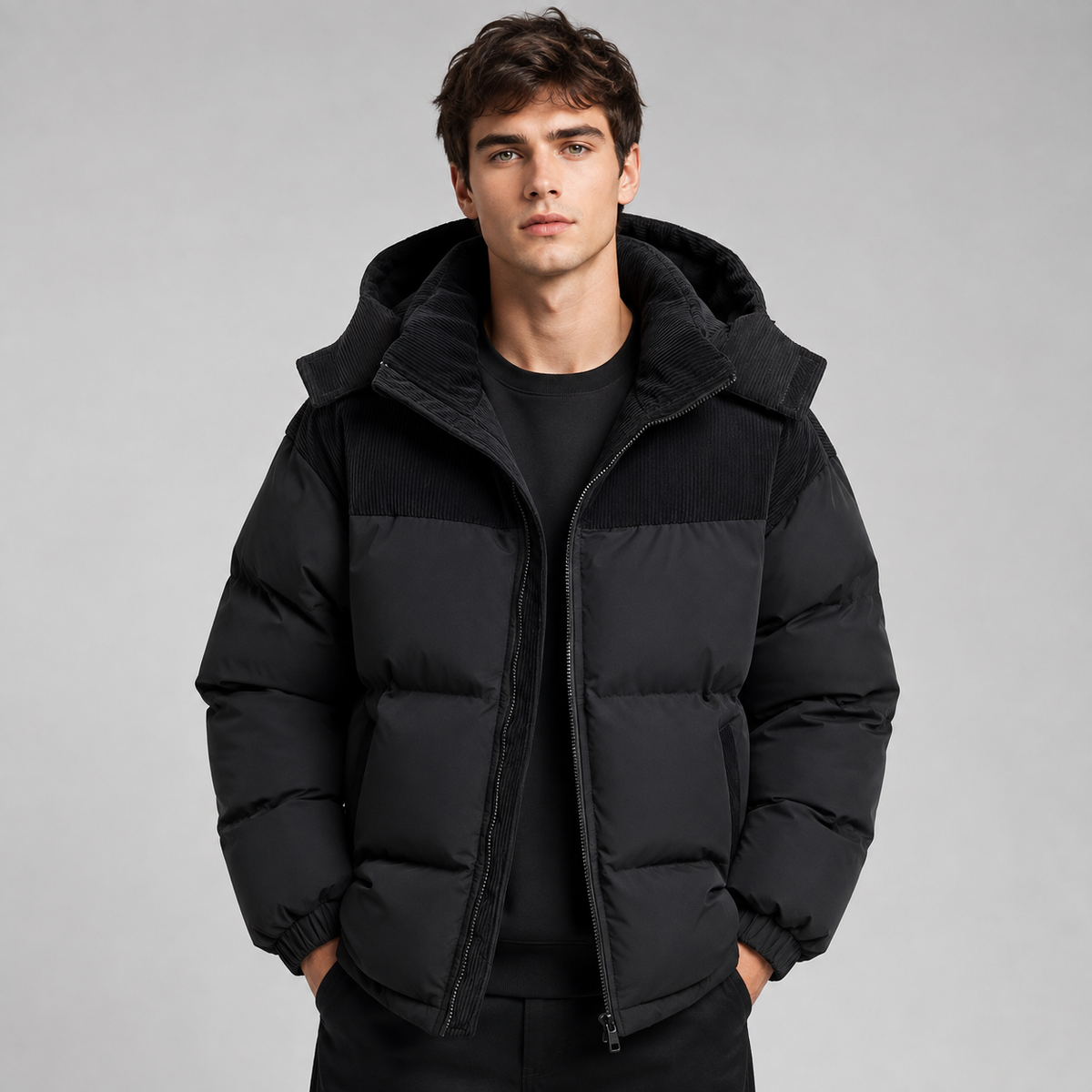 Men's oversized hooded quilted jacket shown from the front
