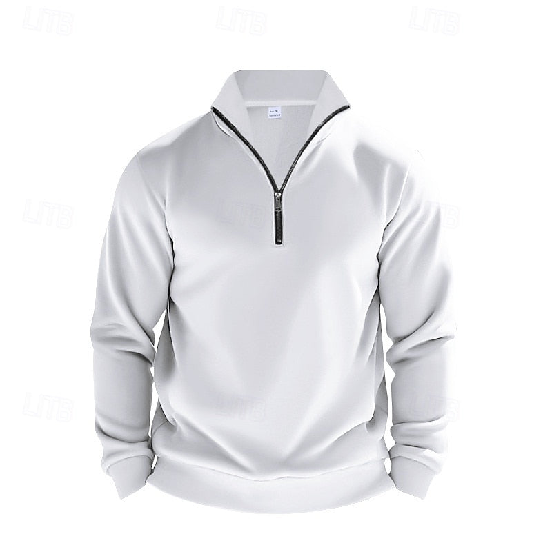 Side view of a men's quarter-zip sweater showing its easy fit