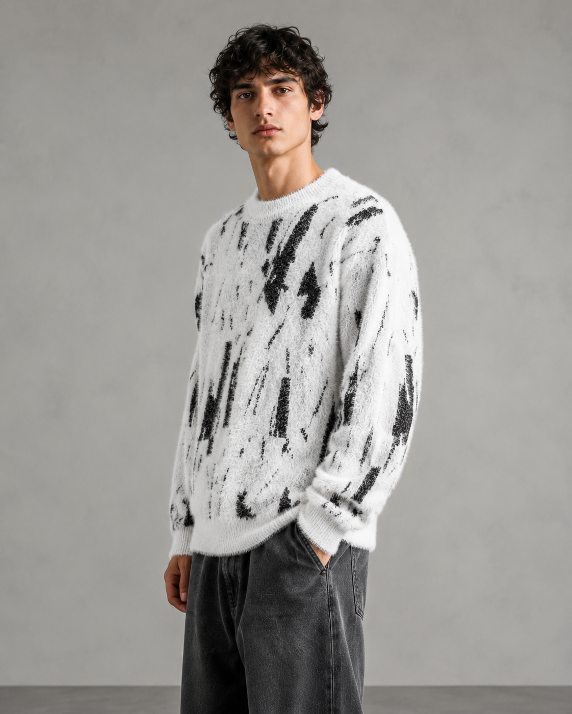 Men's abstract knit sweater with fuzzy texture and relaxed fit