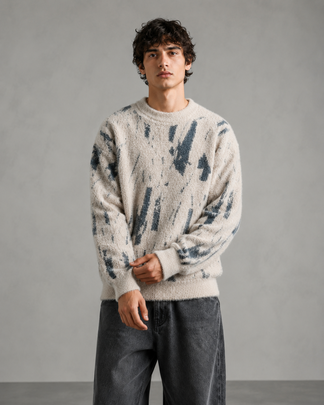 Close-up of the abstract knitted pattern and fuzzy sweater texture