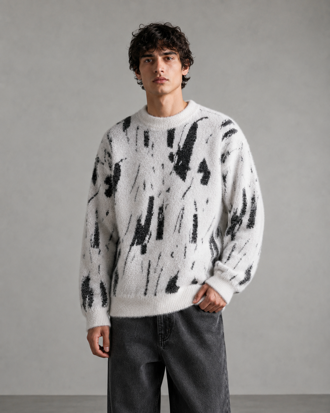 Detailed view of the cozy fuzzy knit fabric on the men's sweater