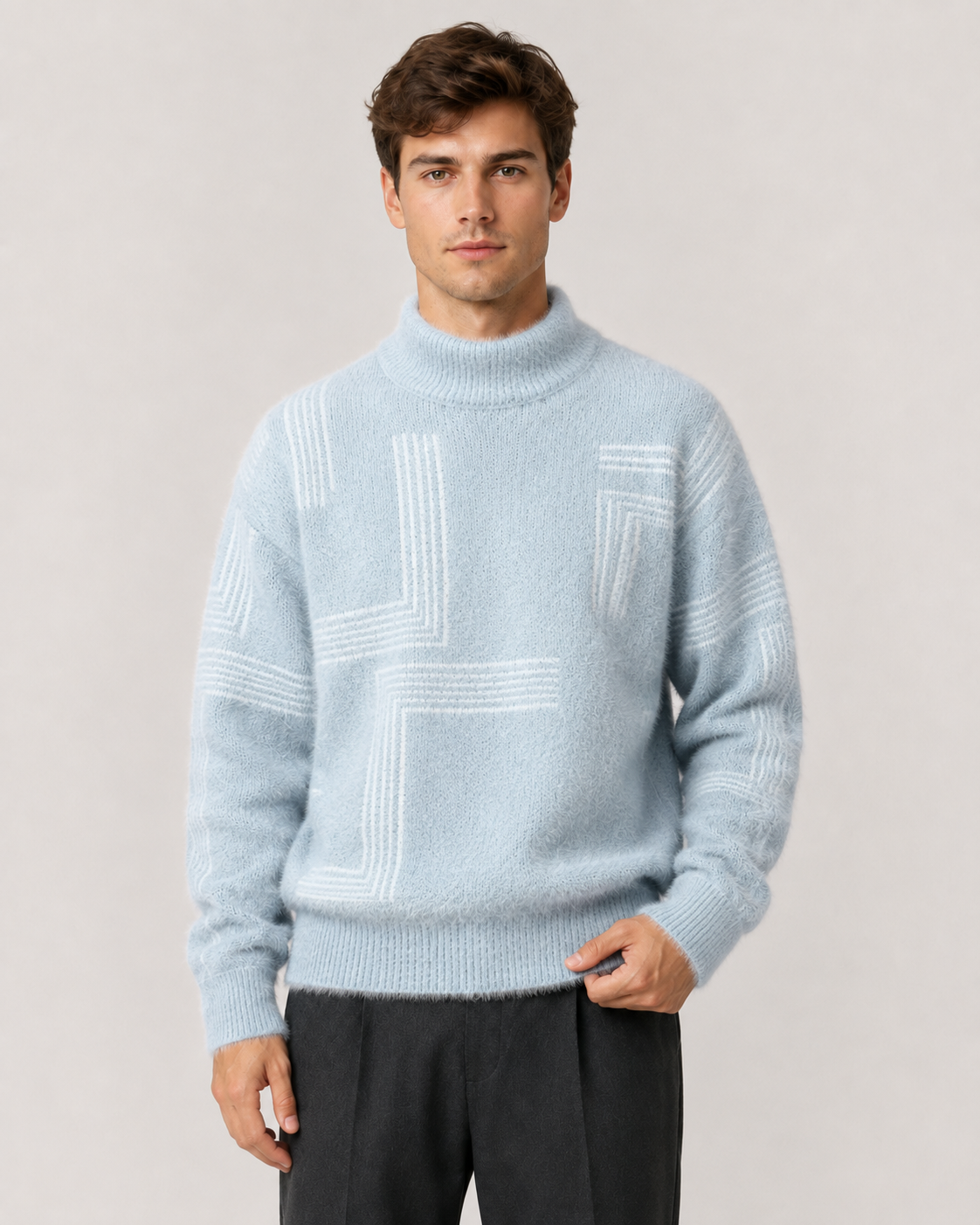 Men's sweater showing the structured funnel neck