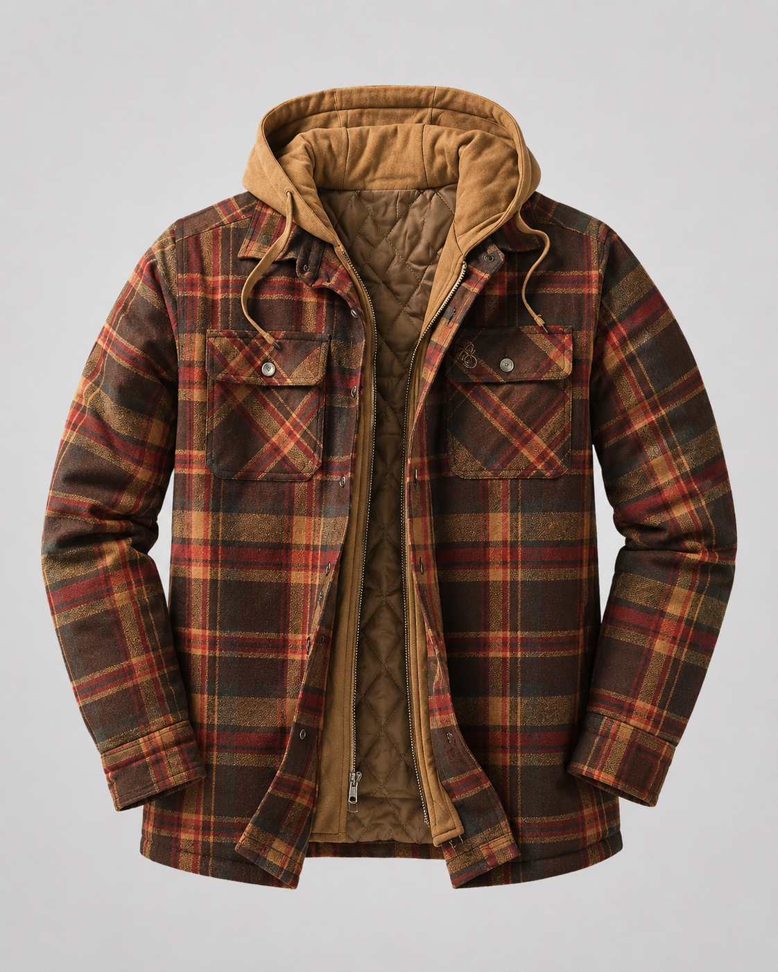 Men's Hooded Plaid Shacket Quilted Lined Zip Front