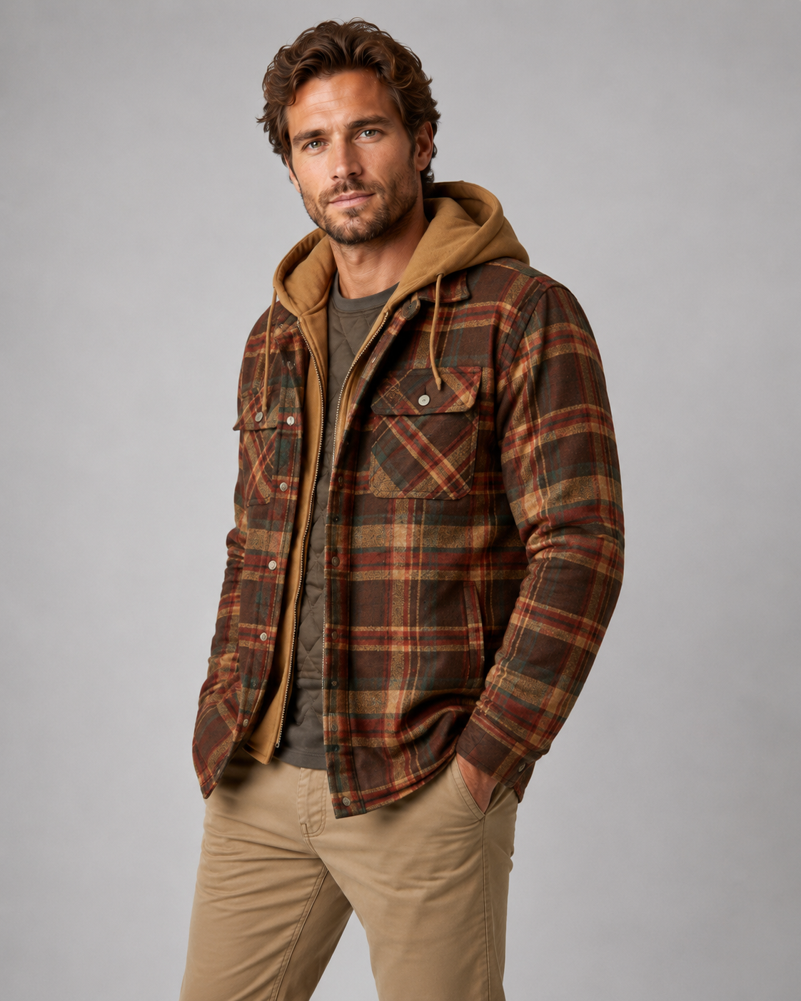 Front view of men's plaid shacket with attached hood
