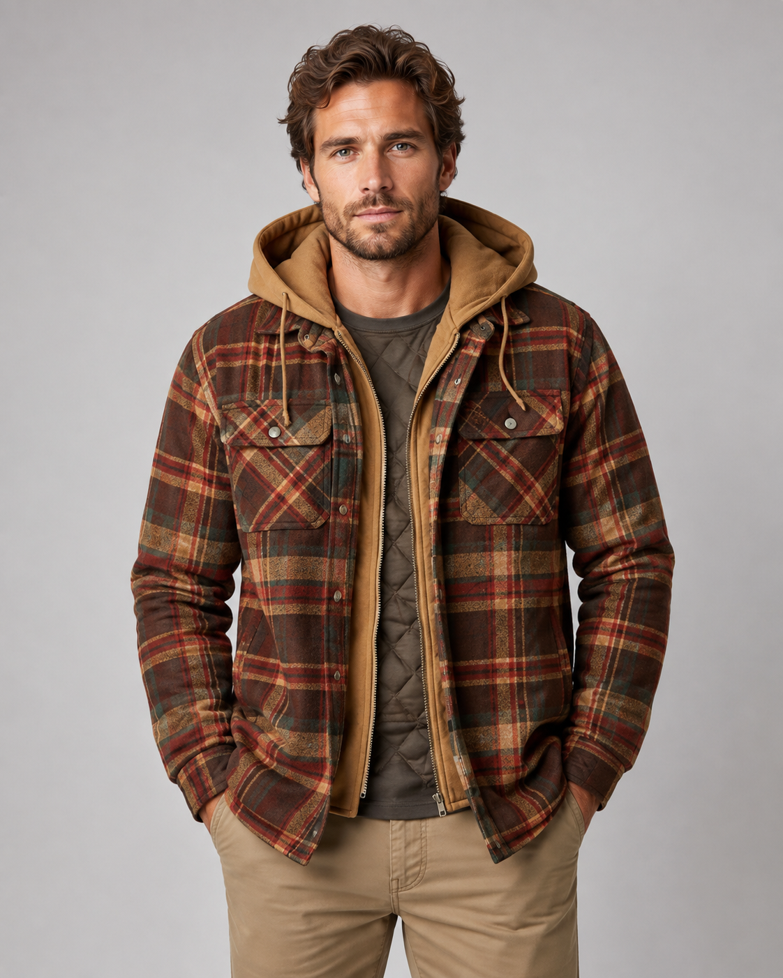 Men's plaid shacket showing the full zip front closure