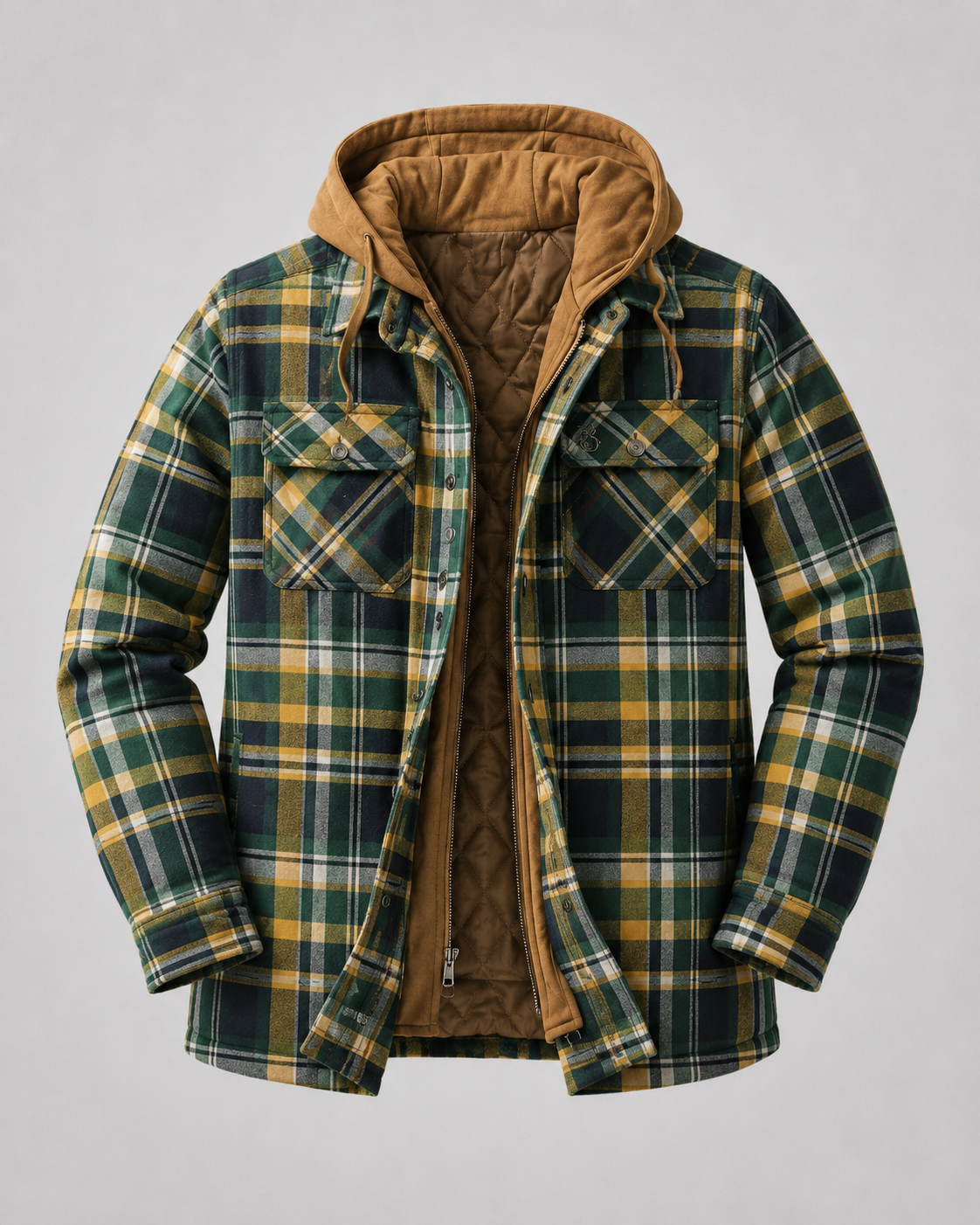 Side view of the men's hooded plaid shacket jacket