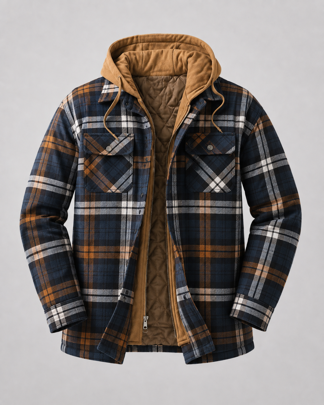 Back view of men's plaid shacket with hood