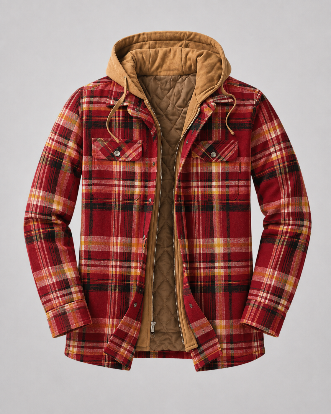 Close-up of the zip front and quilted construction