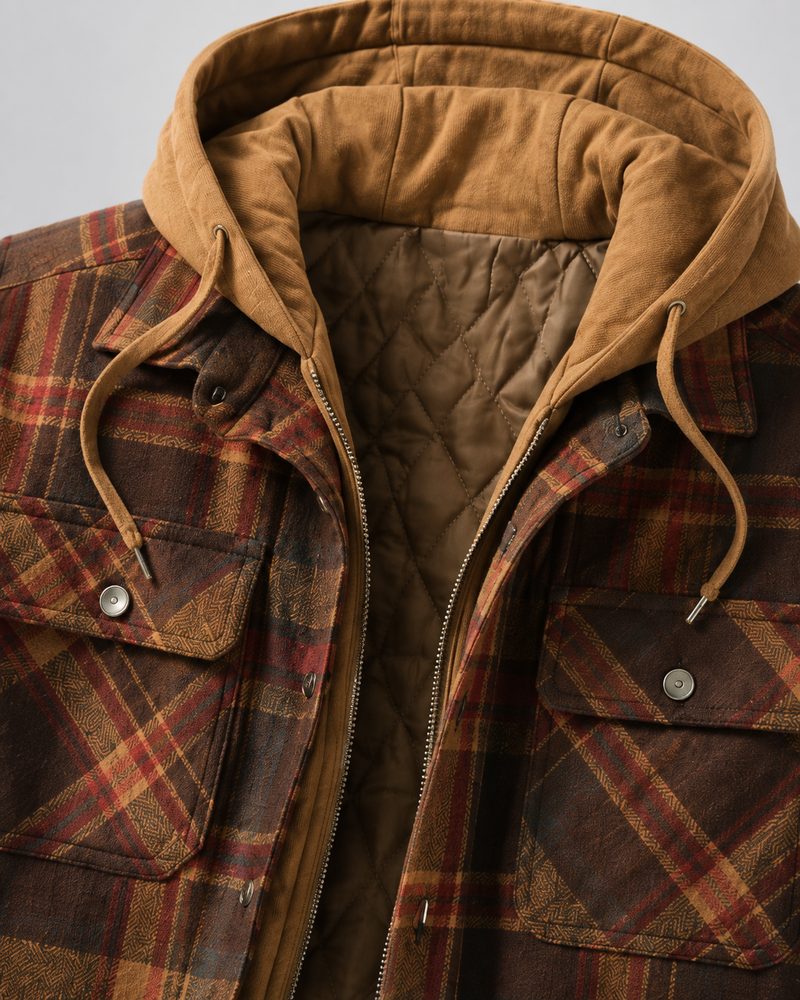 Close-up of the hood and quilted lining on a men's shacket