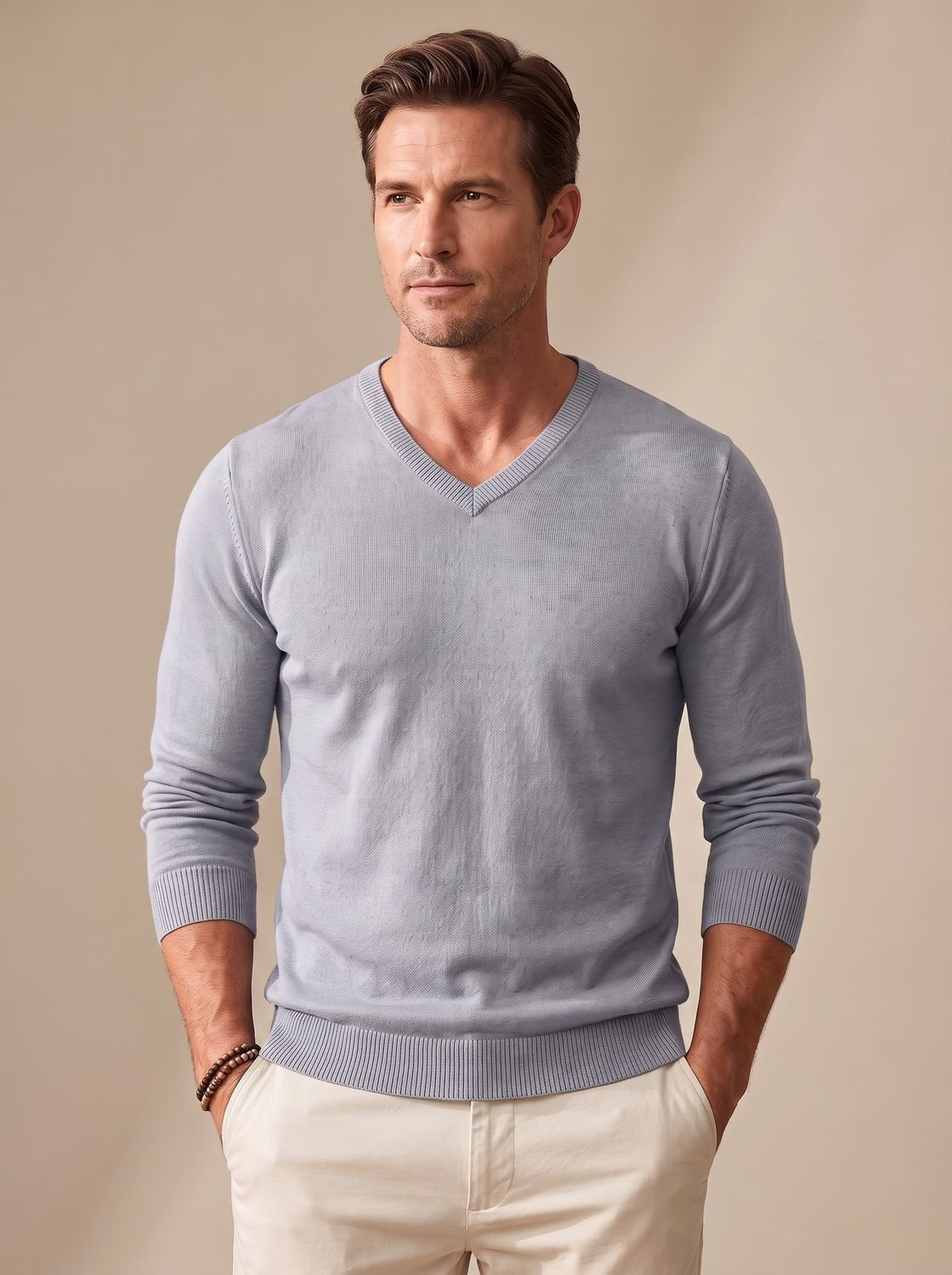 Full view of a men's V-neck sweater for everyday layering